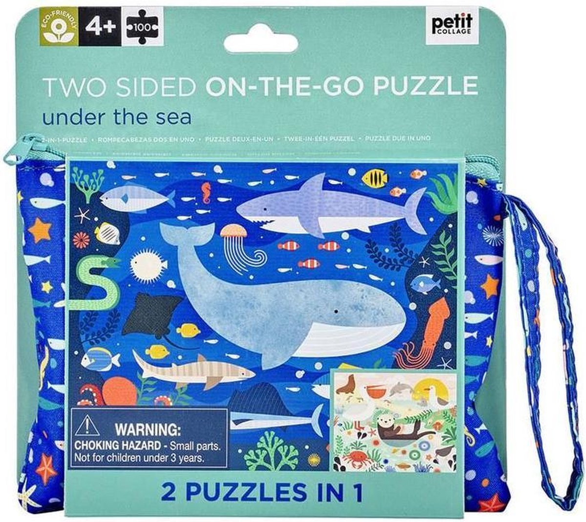 Wild & Wolf dubbelzijdige puzzel in etui met rits | Dieren in zee | 100 stuks | vanaf 3 jaar